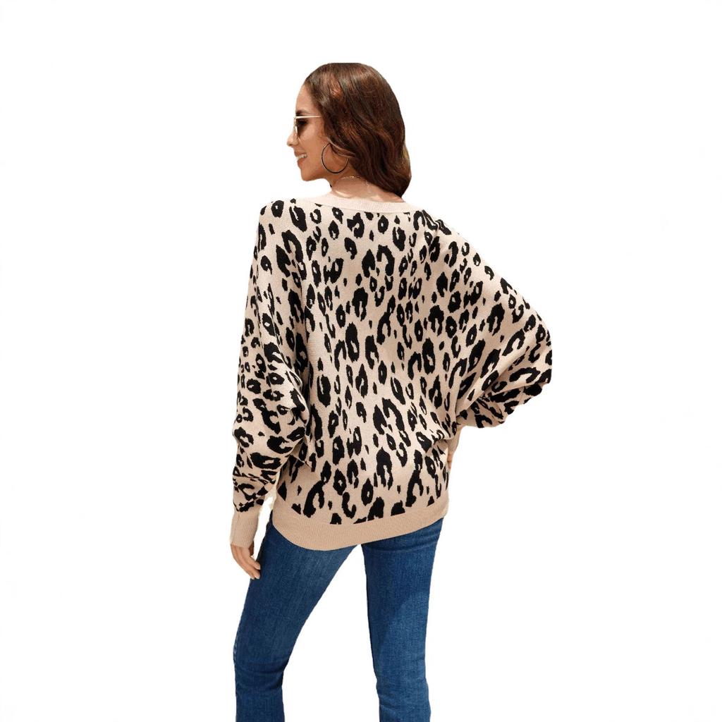 2022 Popular Women's One-Neck Heavy Industry Leopard Print Jacquard Fattened Batman Pullover Sweater