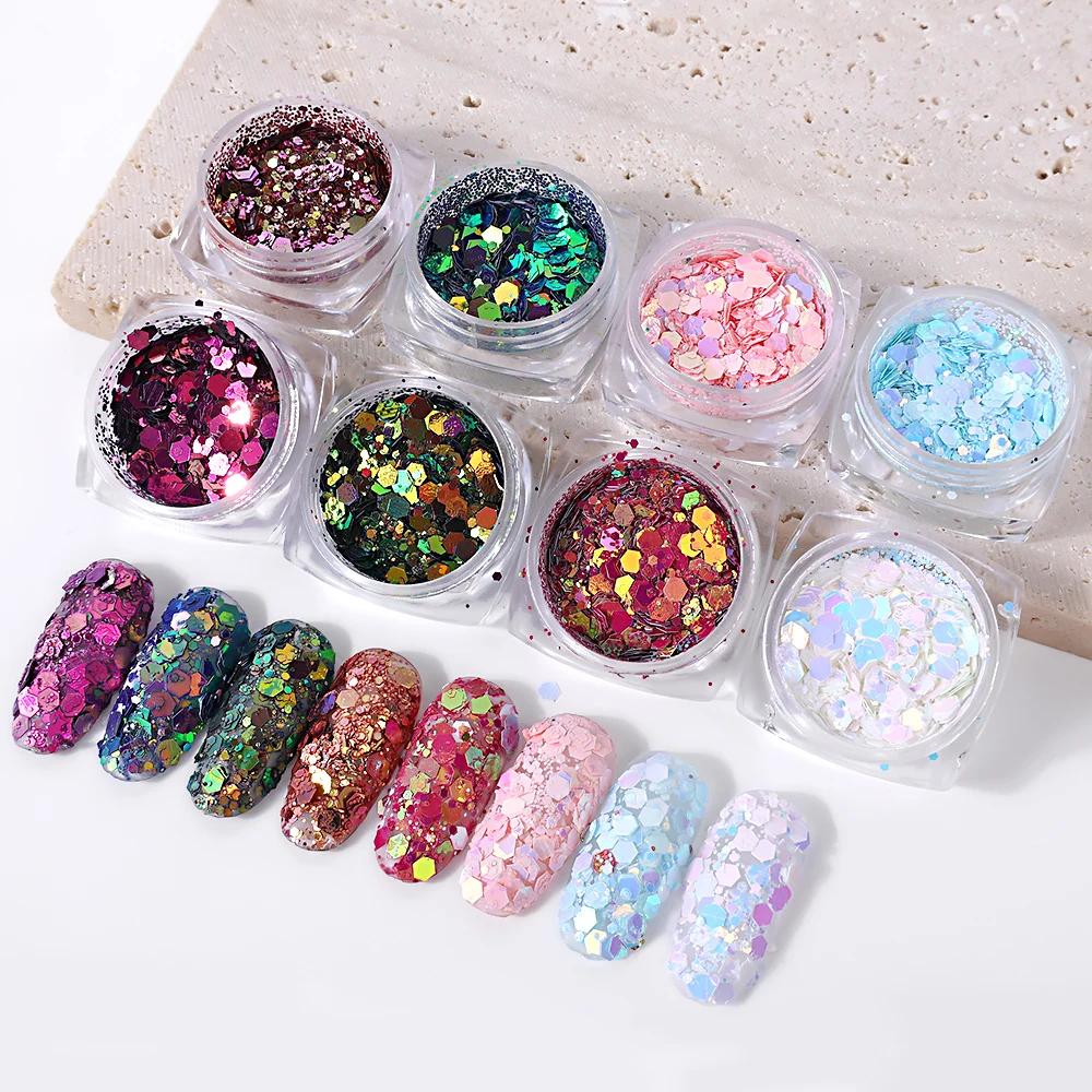 3D Glitzernde Nagelpailletten Laser Gemischtes Nagelglitzer Sechseckige Flocken Pulver Pailletten Schimmernde Bunte Nagel Flocken DIY Nageldekoration