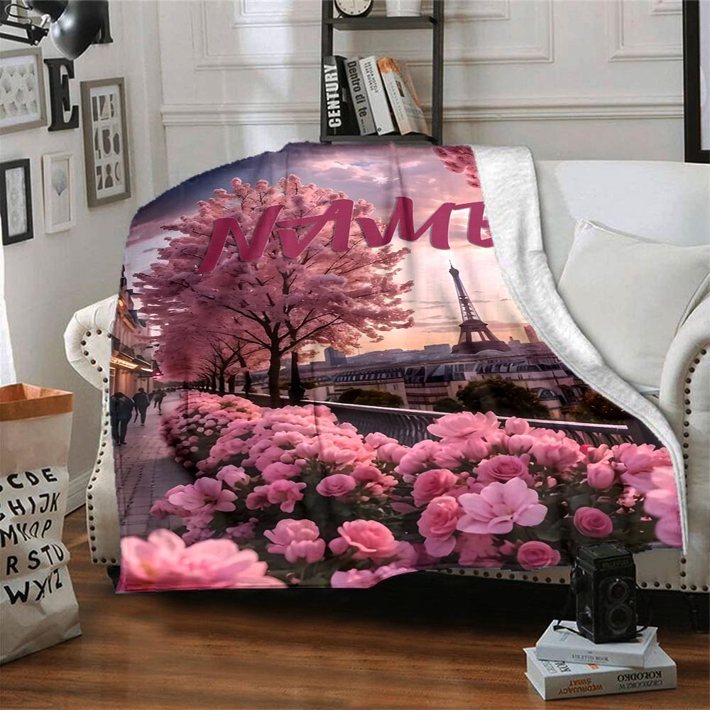 Paris In Bloom With Cherry Blossoms And The Eiffel Tower At Sunset Lightweight Personalized Blanket Personalized Name Comfortable Texture Perfect For