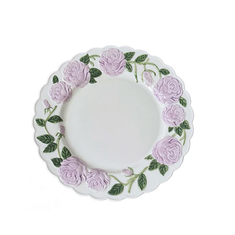 BRRose Flower Relief Dinner Plate Porcelain Dish 8 Inches Dessert Plate Restaurant Specialty Tableware Ceramic Disc Dinner PlatesEY