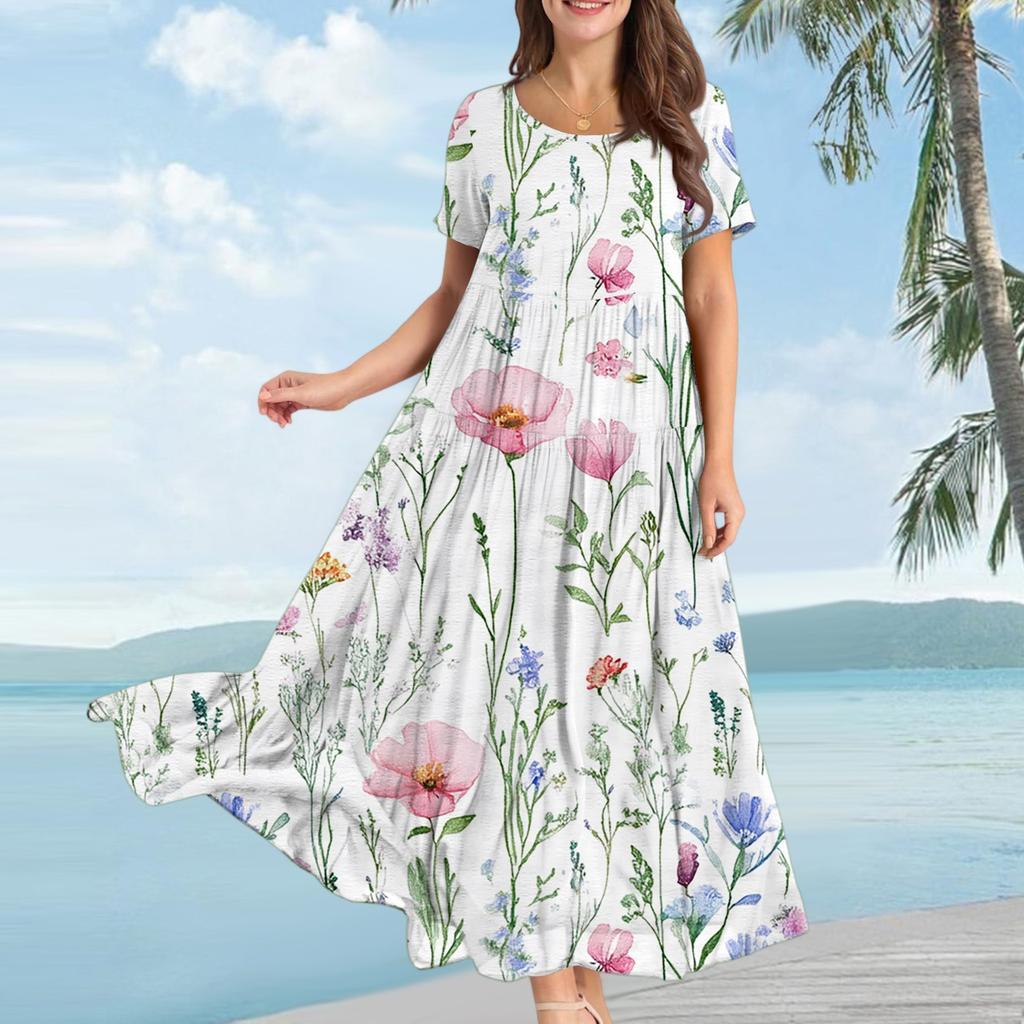 Women's Casual Loose Bohemian Floral Print Short Sleeve Dress