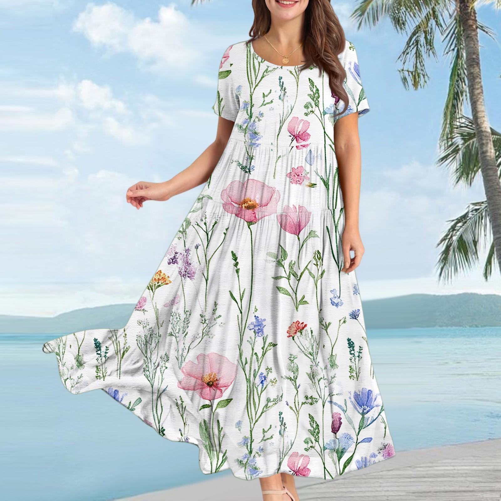 

Women s Casual Loose Bohemian Floral Print Short Sleeve Dress L білий