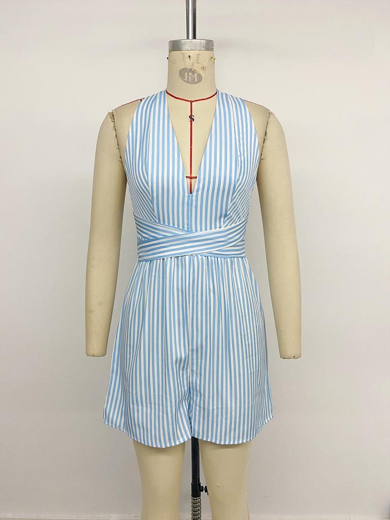 2026 Summer Resort Striped Cross-Backless Jumpsuit