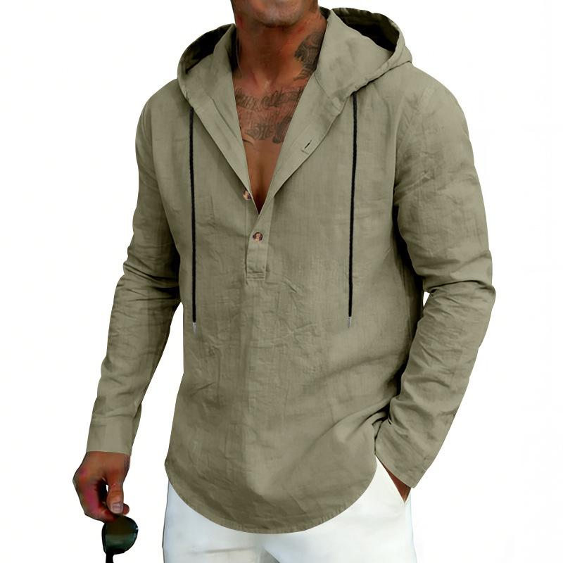Men’s Casual Linen Hooded Top, Long-sleeved Half-Button-Up Henley Shirt, Spring/Autumn Breathable Beach Top
