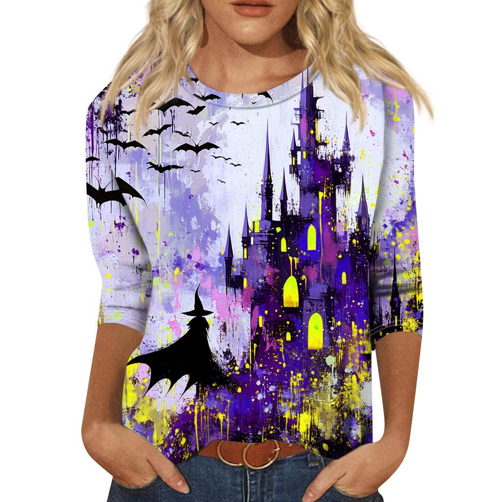 Womens Casual Halloween Print Crewneck Three Quarter Sleeve T Shirt Top Loose Fit Soft Material Comfortable Style