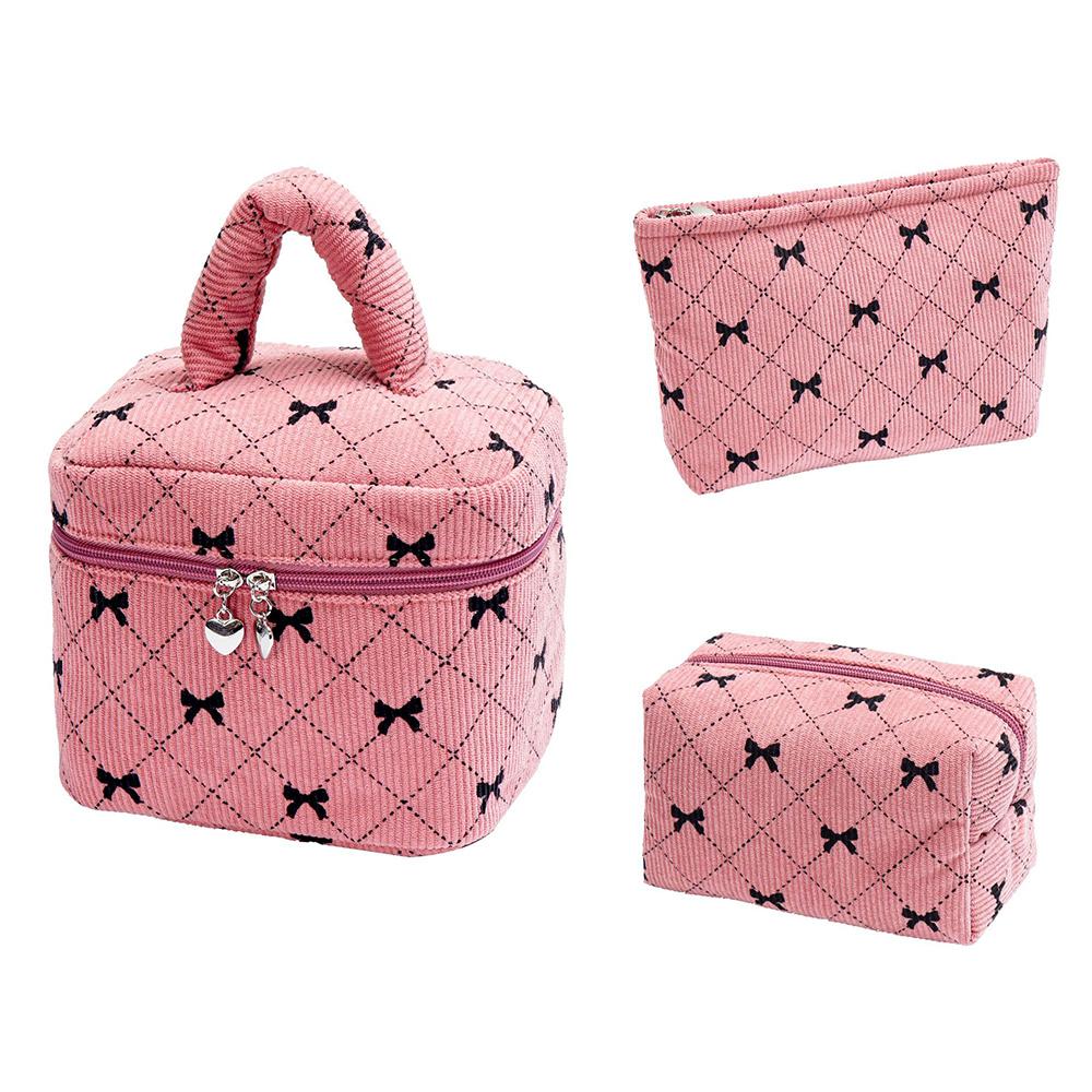 Fashion Bow Women Corduroy Makeup Storage Bag Large Capacity Travel Organizer Cosmetic Pouch Small Handbag Zipper Clutch Bag