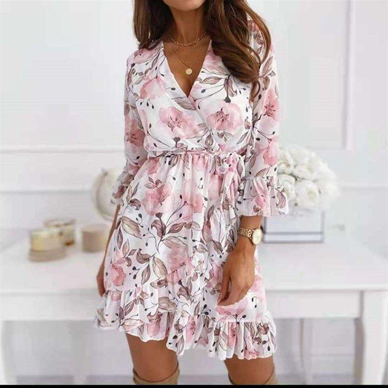

New Sexy V-Neck Tie Casual Cropped Sleeve Ruffle Dress White L