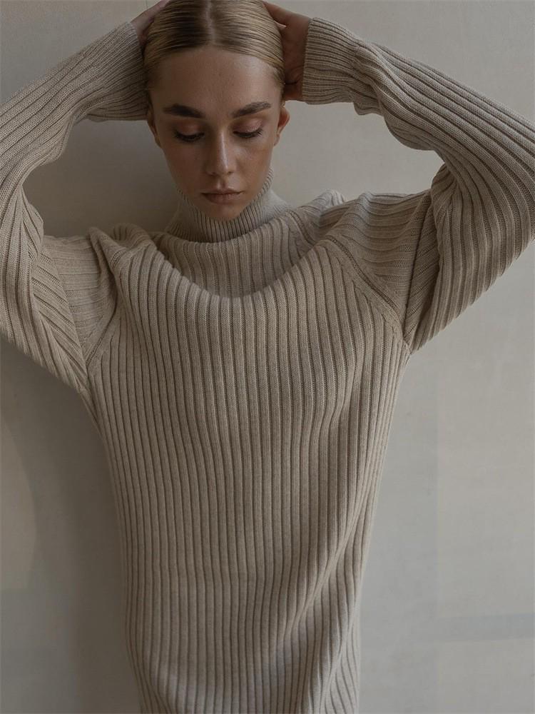 Women's Casual Thick Ribbed Long Sleeve Turtleneck Sweater Dress, Solid Color, Bodycon Fit, Autumn Winter 2024.