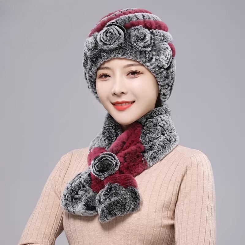 New Rex Rabbit Hair Hat Women's Winter Outdoor Scarf Set Warm Ear Protection Middle-aged and Elderly Fur Fashion