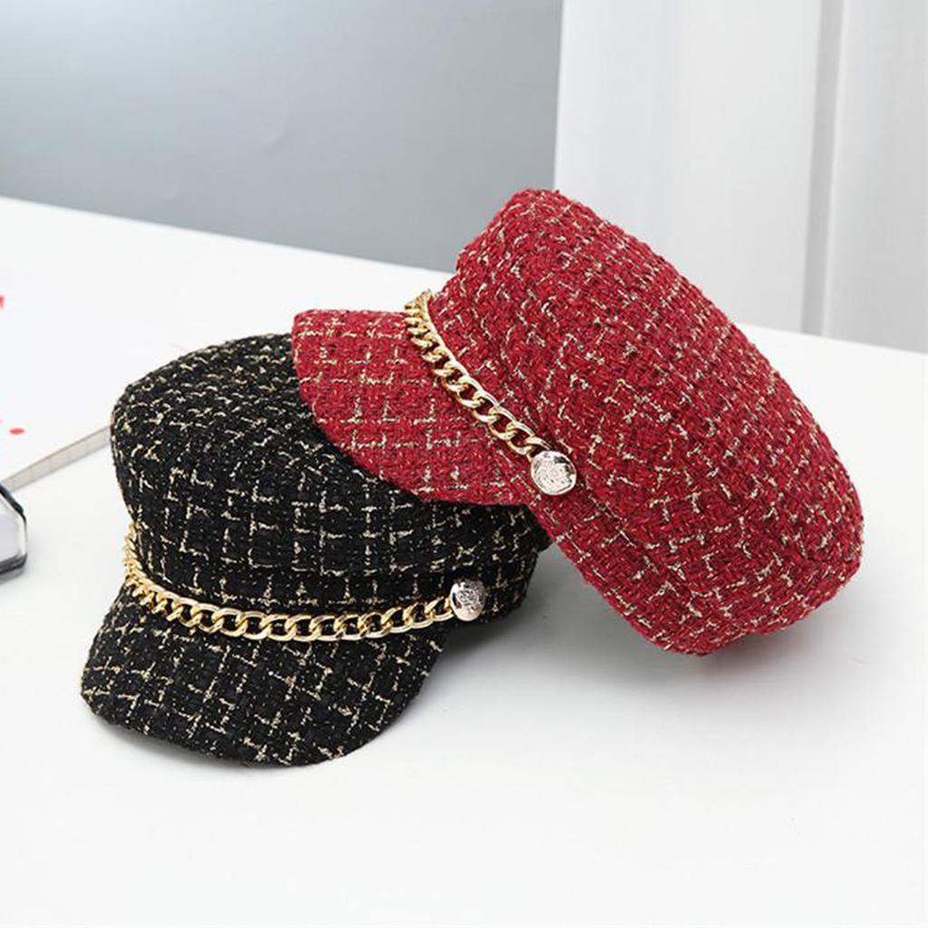 Tweed Plaid Cabbie Hat Chain Flat Cap Beret Hat Visor Peaked Hat