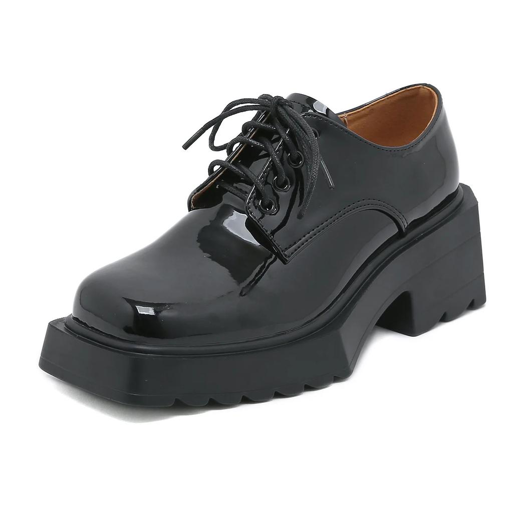 Fashion 2024 Spring and Autumn New Wedge Heel Thick Sole Square Head Front Lace-up Thick Heel Shoes Fashion Stitching Shoes for Women