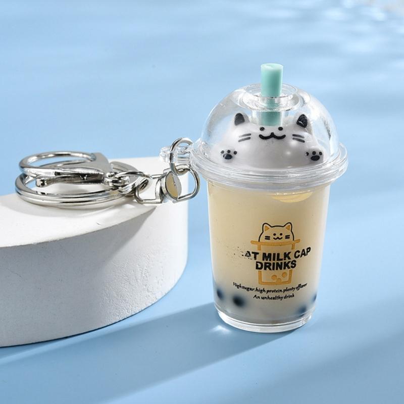 Přívěsek kočka Bubble Tea Kreslený Mléčný Čaj Přívěsky Klíčenky Módní akrylové kroužky na klíče Šperky na batohy a telefon