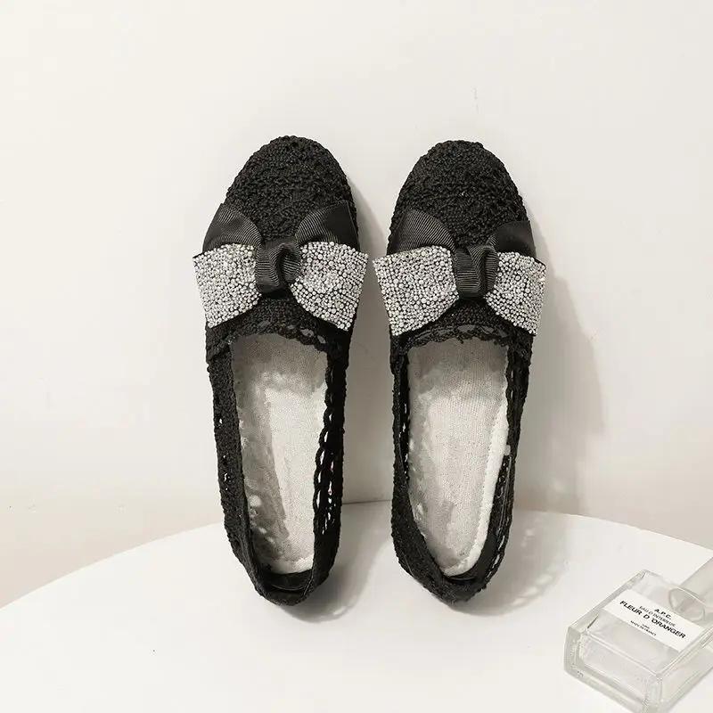 Fashion Women's Flat Shoes Net Hollow With Bow Heel Slip On Social Elegant and Fashionable 39 Quick Delivery Chic Shoe Ladies Footwear