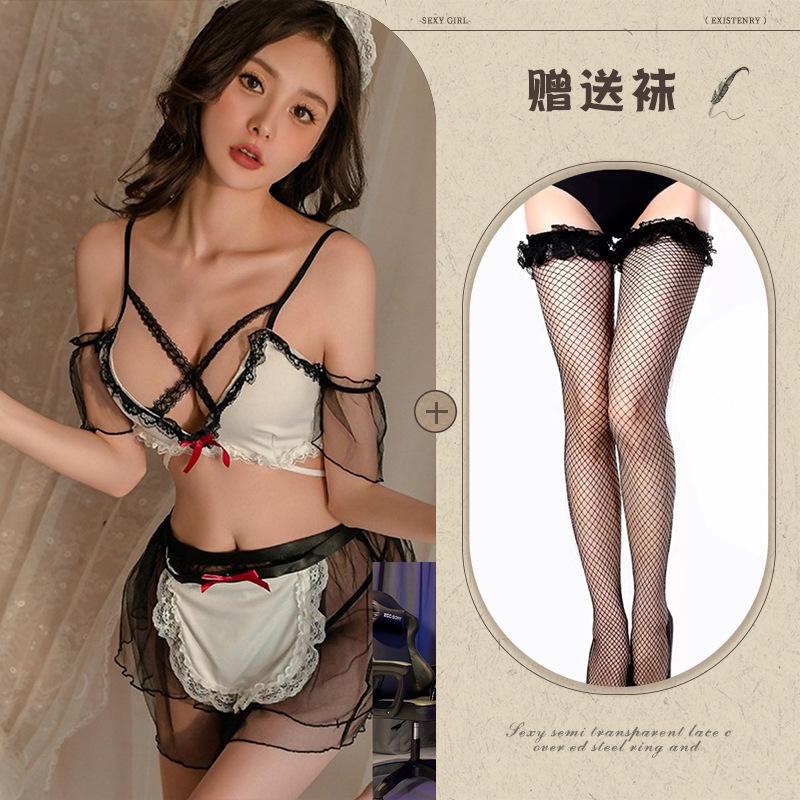 Mesh free sexy lingerie clothes maid uniform maid suit temptation pajamas black and white splicing