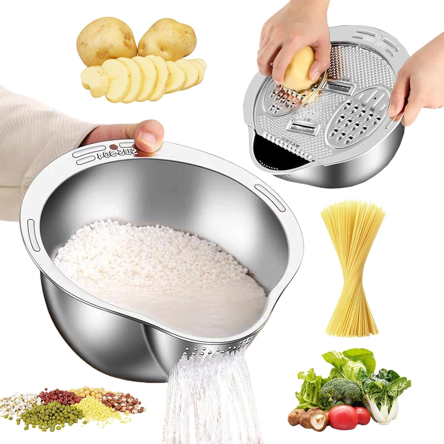 Rice Washer Strainer Bowl 304 Stainless Steel Rice Washing Bowl Rice Sieve Colander Fruit And Vegetable Strainer Kitchen Tools серебряный