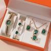 Damen Grüne Uhr Stahlarmband Quarz Uhr Fünfteiliges Ring Set Geschenkbox Geschenk Uhr Modeuhr