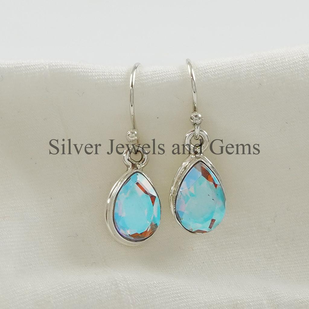 Natural Angel Aura Quartz Earrings, Handmade Earrings, 925 Sterling Silver Teardrop Aura Quartz Earrings, Anniversary Earring