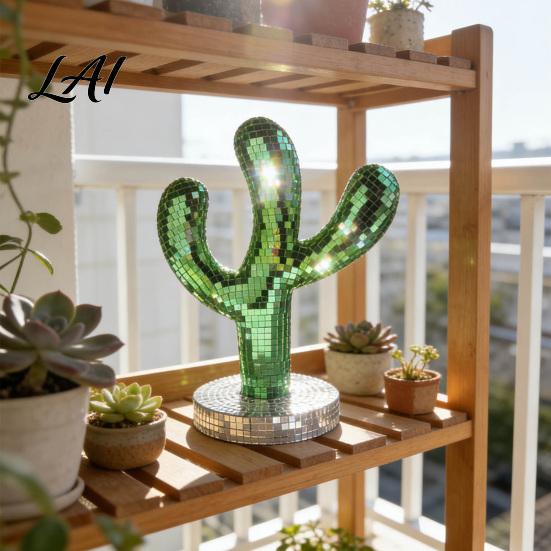 Creative Shiny Cactus Figurine Disco Ball Statue Green Mirror Mosaic Decor Retro Decorative Object for Entryway Table Ornament Home Christmas Party