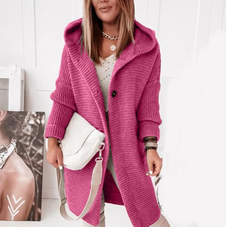 

Теплый Зимний Женский Вязаный Кардиган с Капюшоном Длинное Пальто-Свитер Однотонный Утепленный S