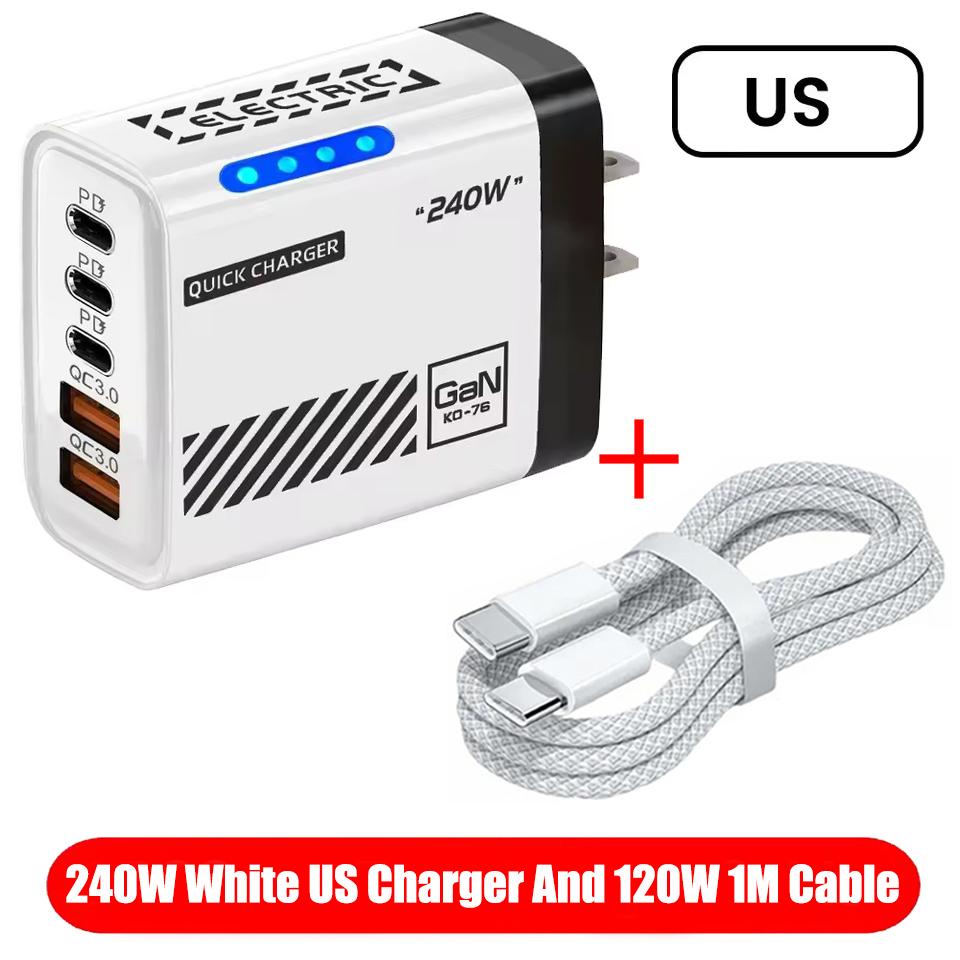 5 IN 1 GaN Desktop Charger For IPhone17 16Pro Laptop Samsung 240W Fast Charging Adapter USB C To Type-C Cable 3PD 2USB Charger