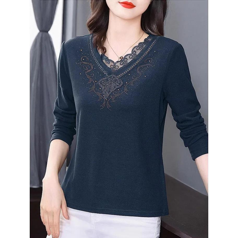 Women's Autumn Long-sleeved V-neck Lace Mom T-shirt Warm Inner Bottoming Shirt