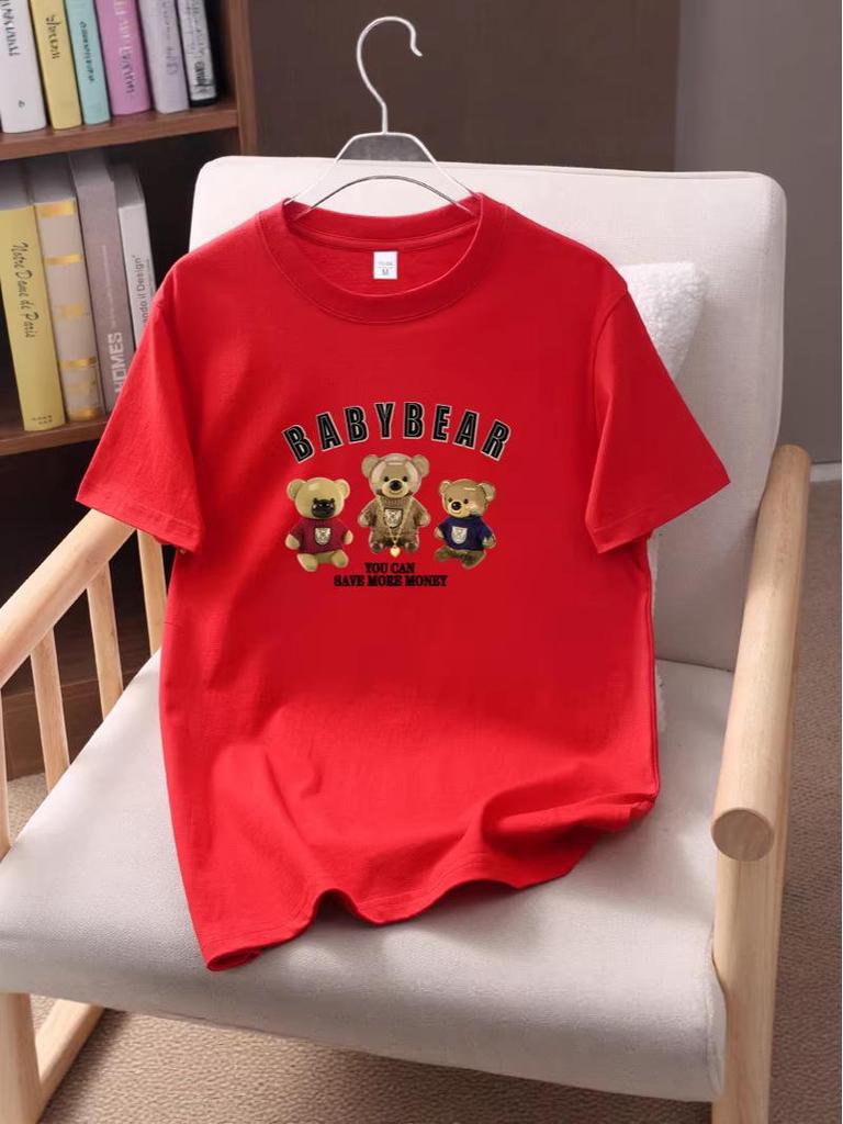 2026 Unisex Korean Style Loose Fit Bear Print Cotton Top