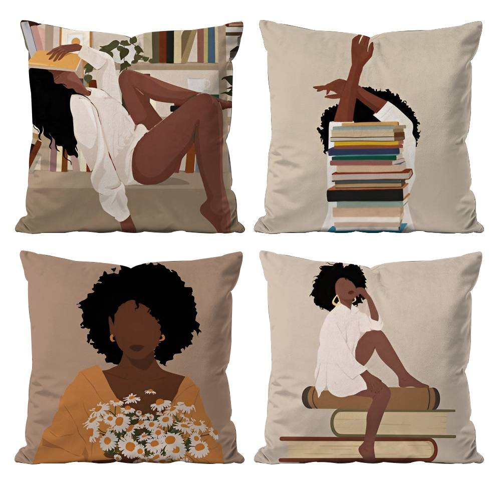 Black Woman Art Anime Pillow Case Anti-dustmite Pillowcase Invisible Zipper Silky Short Plush Sofa Cushion Cover