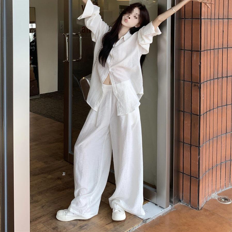 Extra-Large Relaxed Casual Wide-Leg Linen Pants & Slimming White Shirt for Women