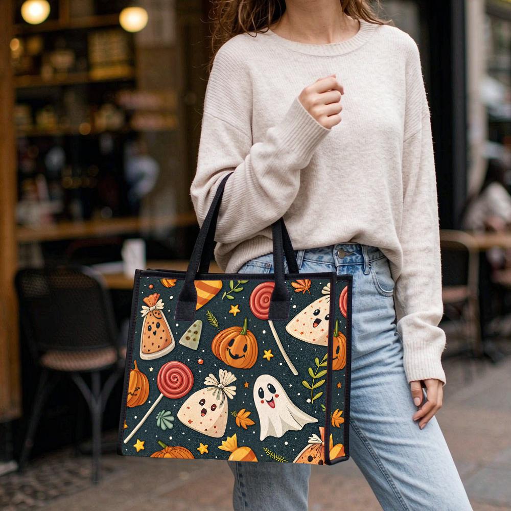 Cute Halloween Pattern Tote Bag Fashion Trendy Portable Daily Use Casual Shopping Handbag