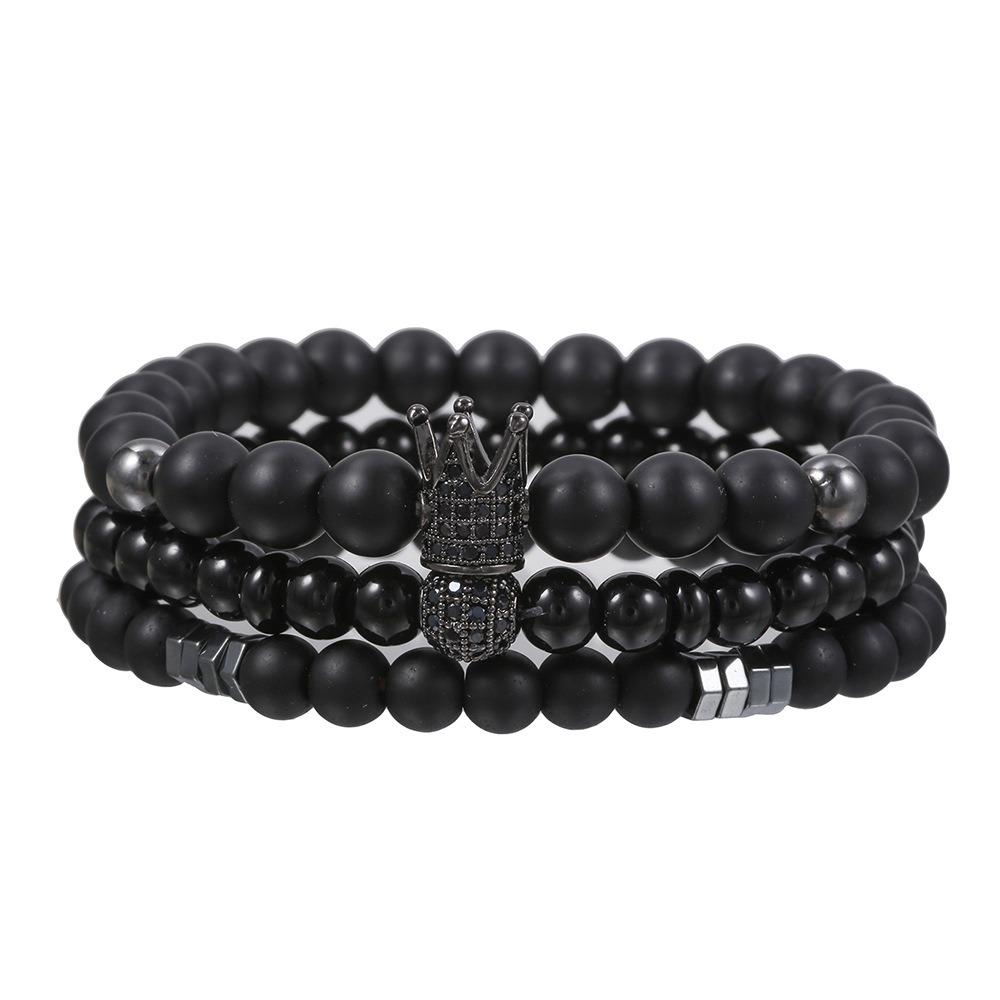 Black Matte Copper Inlaid Zirconium Diamond Ball Flying Saucer Long Bracelet Bracelet Set Wholesale Men's Woven Bracelet