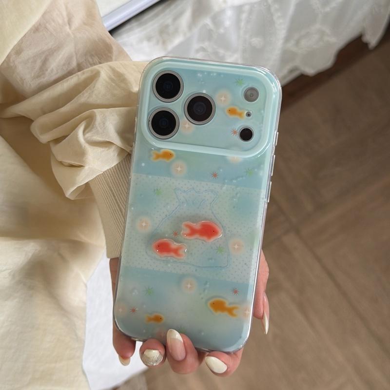 Blue Polka Dot Bubbles Goldfish 3D Case for iPhone 17 Pro Max 16 Pro 15 14 Full Cover Anti Drop Double Layer Protective Phone Cover