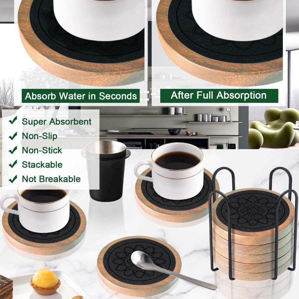 Heat Resistant Felt Wooden Tea Mat Vintage Wooden Drink Placemats Round Wood Coasters  Coffee Bar