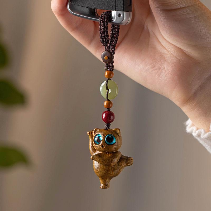 Sandalwood Cat Keychain with Handmade Lanyard and USB Drive