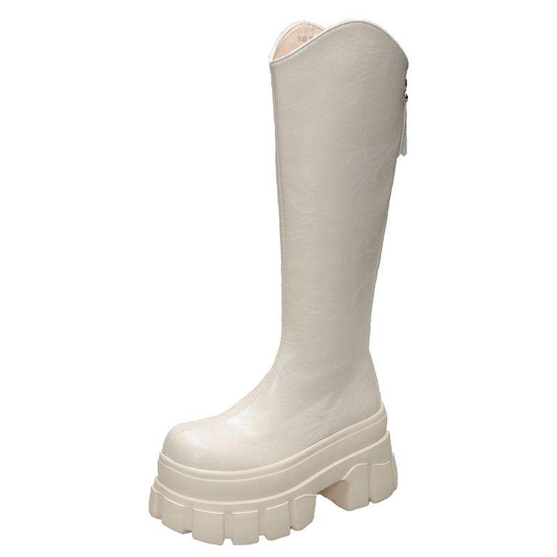 Women Chunky Leather Long Boots 9CM High Heels New Winter Knee High Boots Warm Fur Punk Shoes Platform Motorcycle Booties Woman