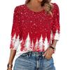 Women's Fashion Casual 3/4 Christmas Print Color Shirt Women's Round Neck Tops