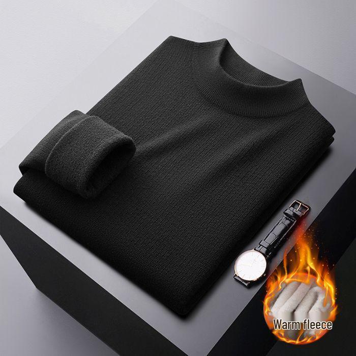Men's Plus Velvet Half-High Collar Knit Sweater - Anti-Pilling Dobby Fleece, Solid Color for Autumn/Winter