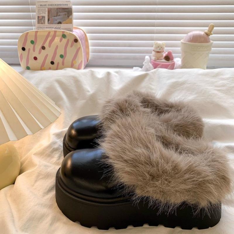 Outer wear heightened thick-soled bag head half slippers women's plush fluffy slippers new winter waterproof cotton mop