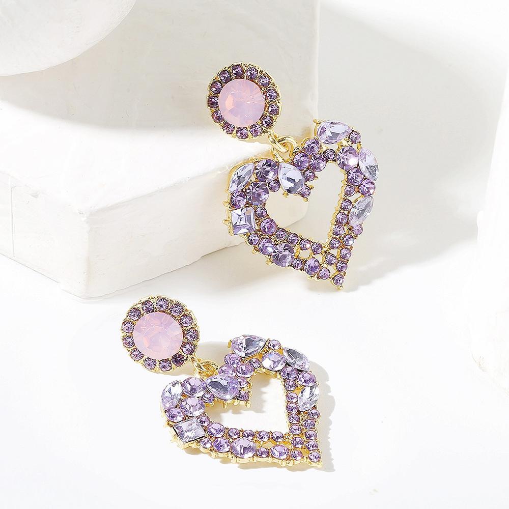 2022 Korean Fashion 18k Gold Plated Rhinestone Heart Shape Earrings Purple Crystal Heart Drop Earrings for Women