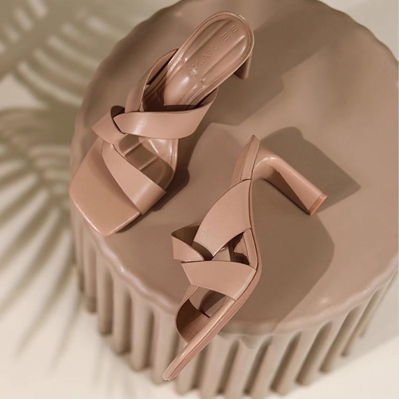 French Evening Breeze with Muller Cool Slippers for Women's Summer Wear 2025 New Square Head Open-toed High-heeled Slippers for Women