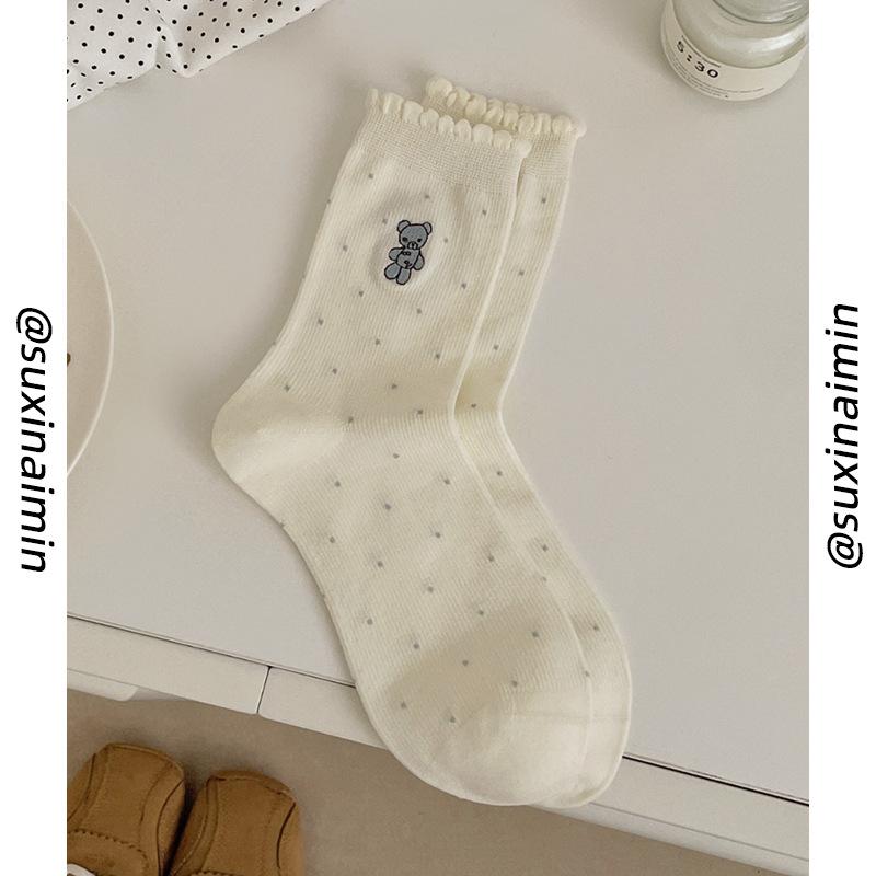 

Socks Female Cute Cartoon Animal Embroidery Stacking Socks Cotton Korean Shuangluokou Striped Medium Tube Socks One size fits all