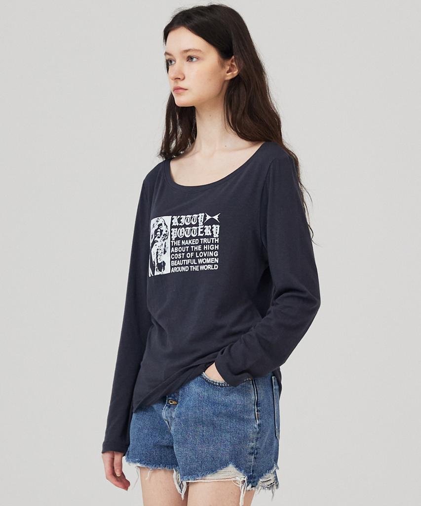 KITTY POTTERY Boat Neck Glam Graphic Long Sleeve T-Shirt Charcoal