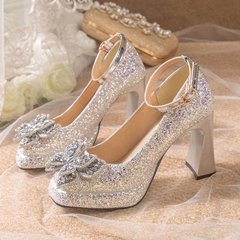 Fashion Comemore Women Pumps Rhinestone Mary Jane Women's Shoes Thick Bottom Ankle Buckle Wedding Bridal Chunky High Heels Single Shoes