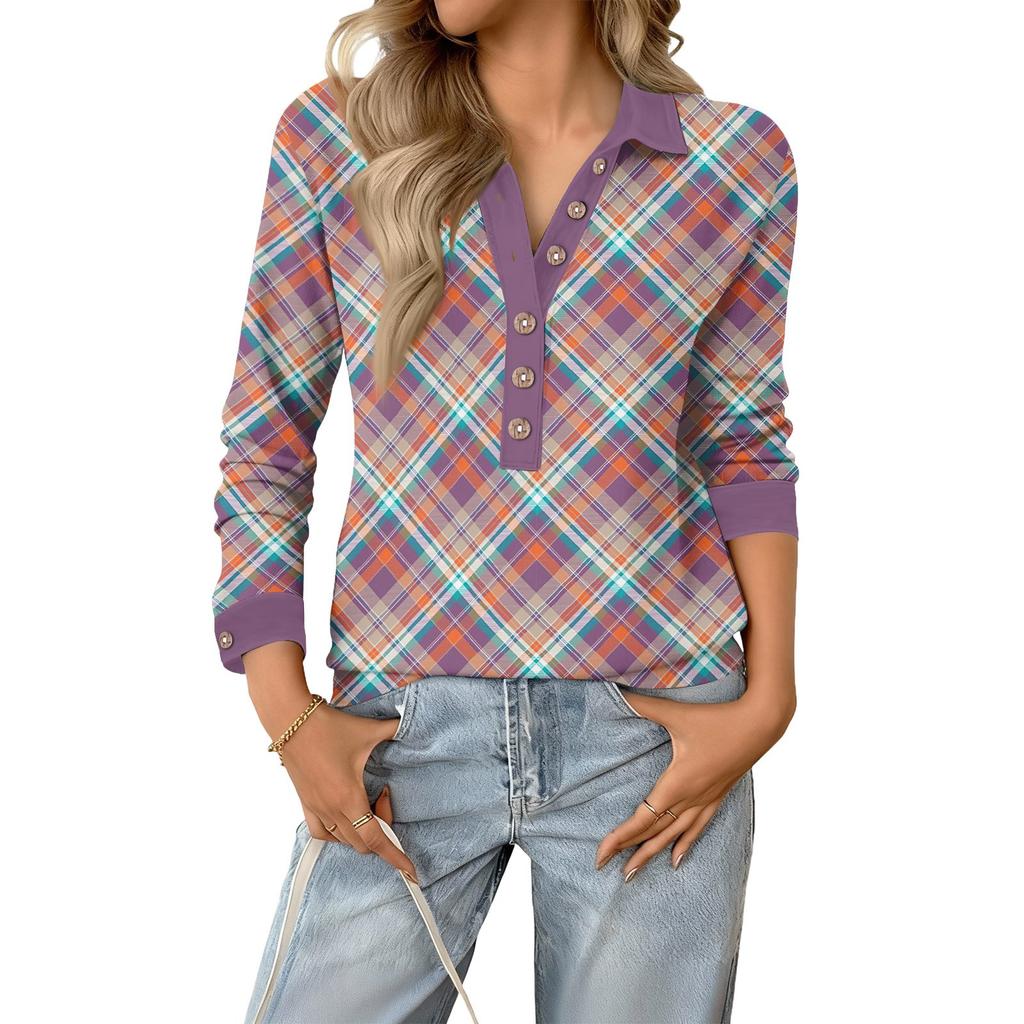 Women's Retro Street Lazy V,neck Long Sleeve Button Plaid Print Pullover Top