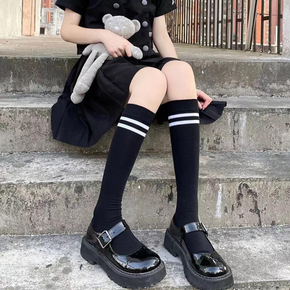 Women Striped Cotton Long Socks Japanese JK Black White Knee High Stockings Students Girls Solid Color Long Tube Leg Warm Socks