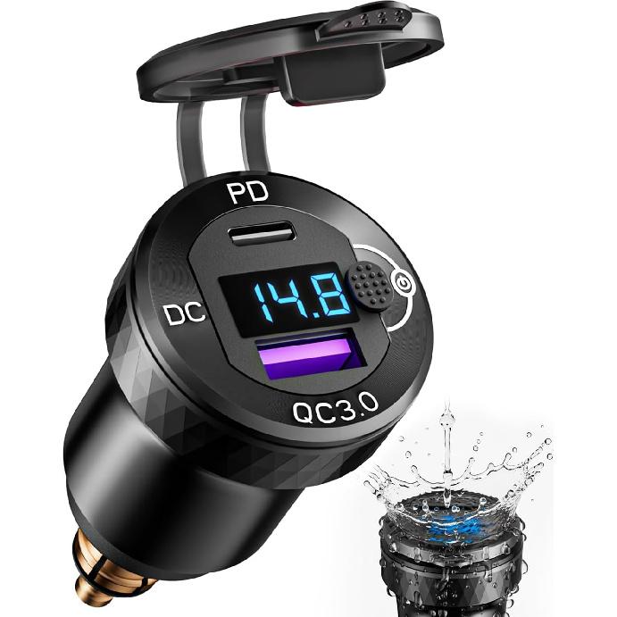 Motorcycle USB Charger 18W QC3.0 30W PD3.0 DIN Adapter | Waterproof Phone Charger with On-Off Switch & Voltmeter for 12V/24V BMW Ducati