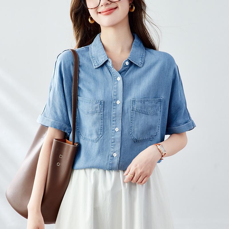Tens Laisel Denim Blue Blouse for Women Short-sleeved Summer Updated Classic Style Top for Womens Blouse