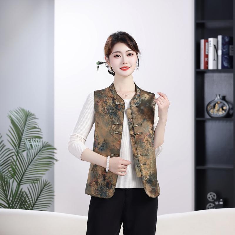 

Grandma Autumn Vest: Chinese-Style Sleeveless Tang Suit for Middle-Aged and Elderly XL кавовий