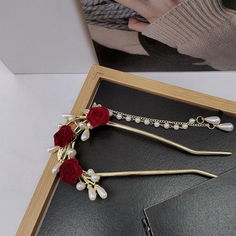 New Chinese Style Red Rose Fringe Hairpin Vintage Rose Hair Sticks Hairwear For Women Hair Fork Disk Hair Chopsticks Headdress
