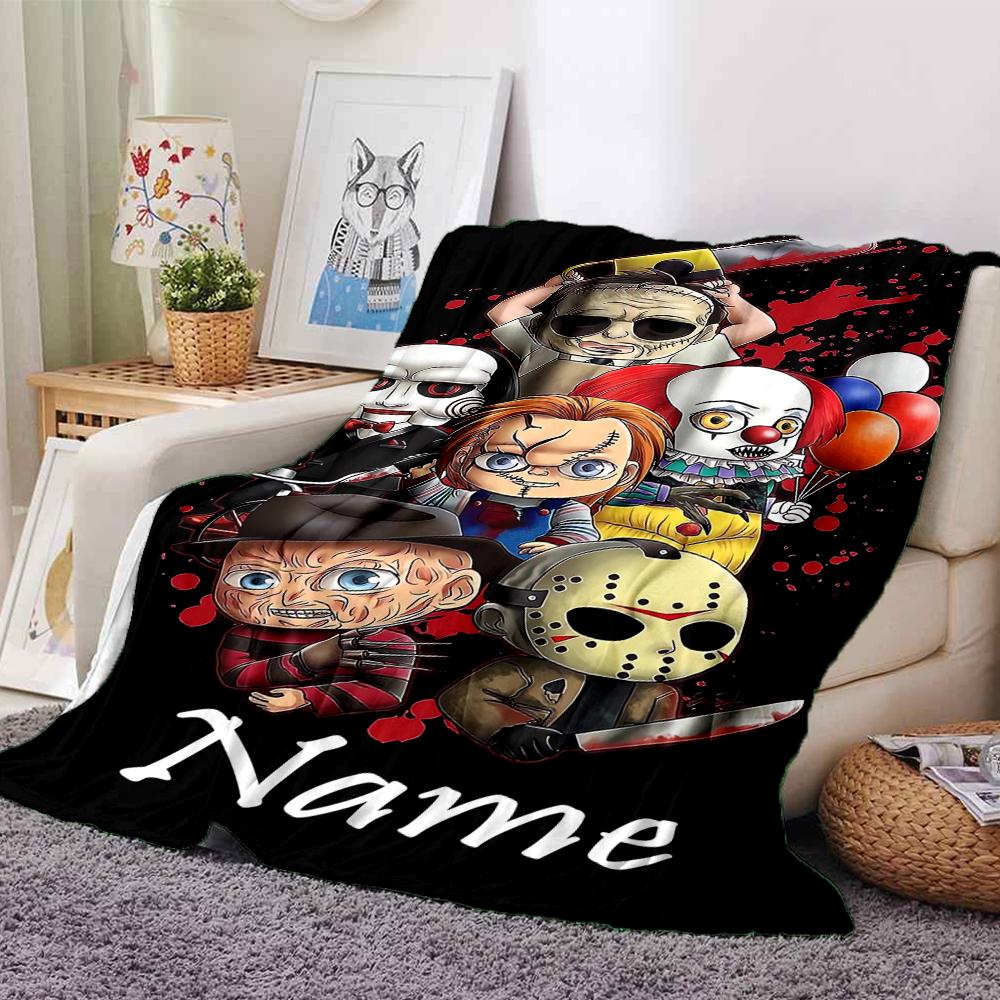 Custom Name Halloween horror Theme Printed Blanket - Perfect for Couch, Bed, Travel & Outdoor Use | Machine Washable, Cozy & Durable.