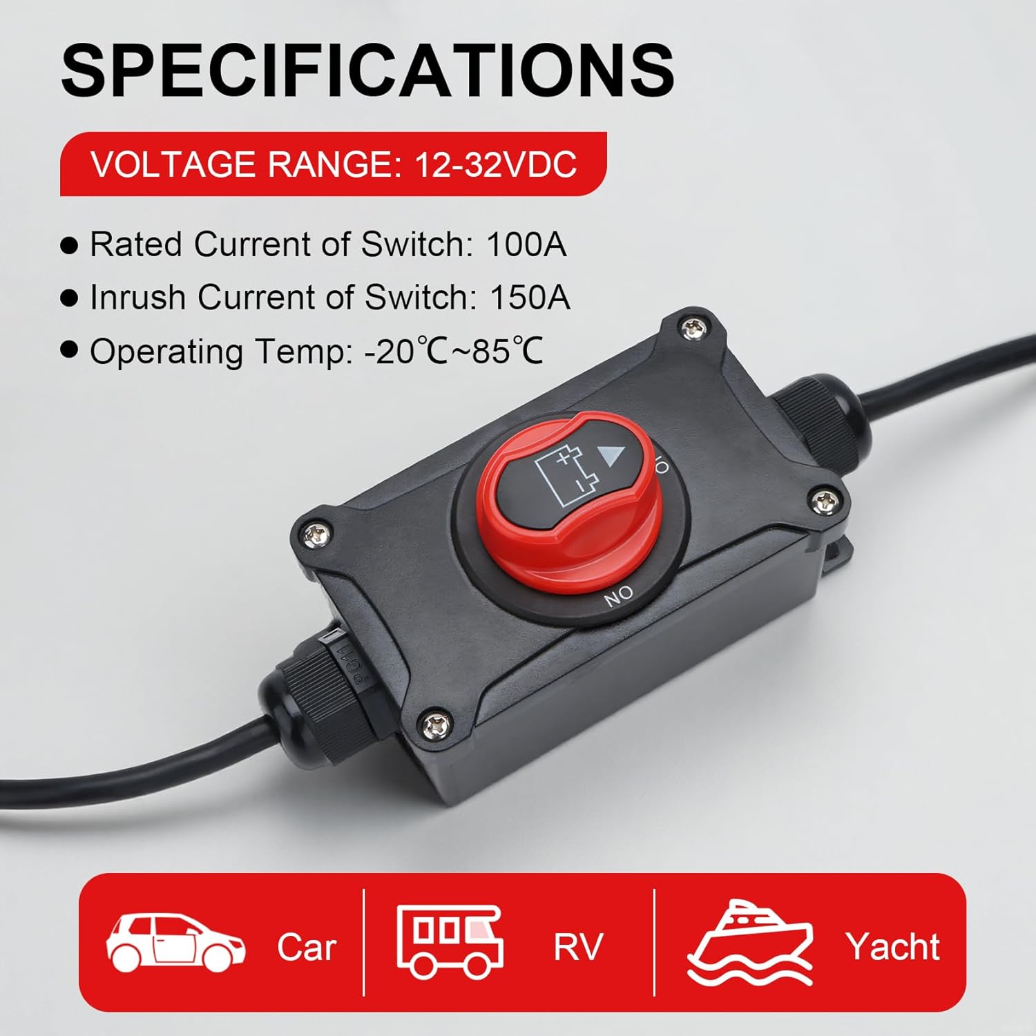 

Top Post Battery Disconnect Switch, 100A 12-32V On/Off, Waterproof Heavy-Duty Battery Disconnect Switch with 8AWG Wire for Cars, Vehicles, RVs, and